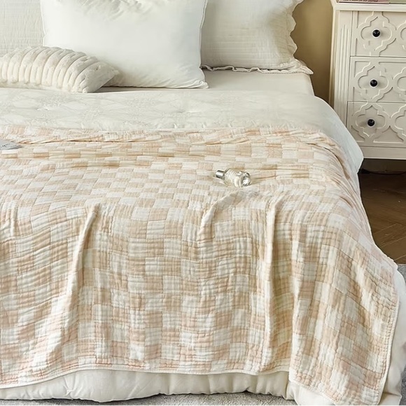Organic Cotton Checkered Queen Blanket Coverlet Adult Size Tan Check 2 Side NEW - Picture 1 of 15